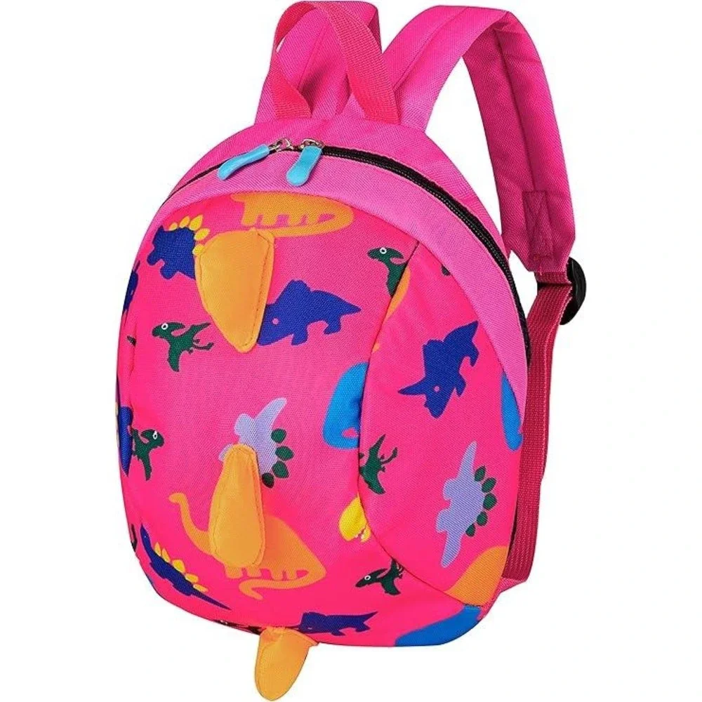 Pink Dinosaur Toddler Backpack with Detachable Safety Leash and 3D Spikes